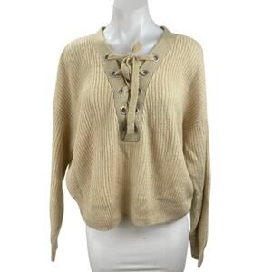 H&M Divided Beige Khaki Tan Long Sleeve Lace Up Ribbed Knit Sweater Top Size L